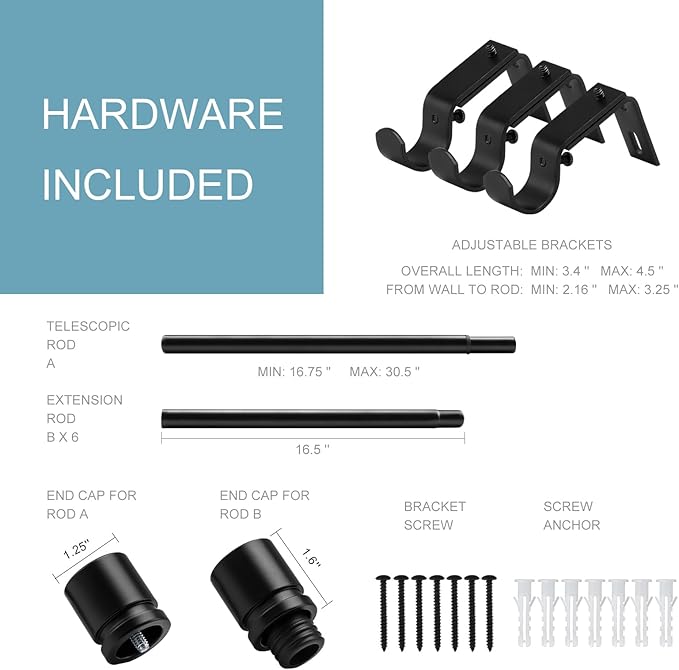 Curtain Rods for Windows 16 to 120 Inches Adjustable Length 1 Inch Diameter Window Curtain Rod with Aluminium Finials, Black