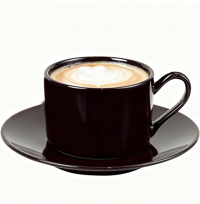 Porcelain 8oz Cappuccino Cup with Saucer - Ceramic Coffee Mug Perfect For Latte&Tea - Microwave and Dishwasher Safe -Tea Cup Sets for Gift,Afternoon Party,Brown