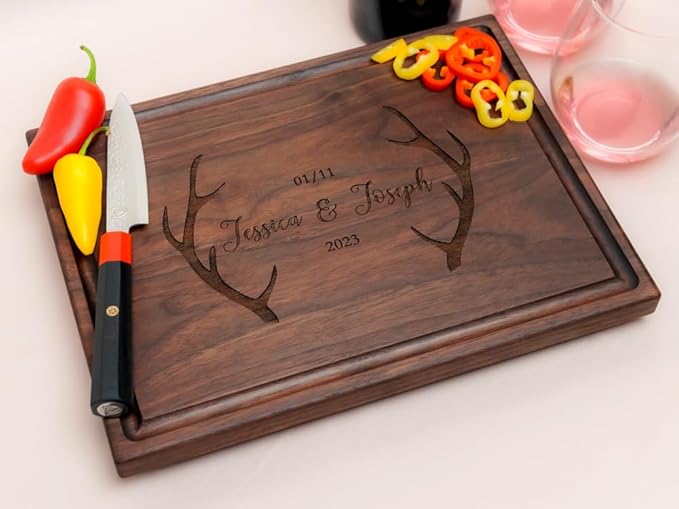 Personalized Cutting Board, Custom Wedding, Anniversary or Housewarming Gift Idea, Wood Engraved Charcuterie, for Family and Couples, Hunter Antler Design 105