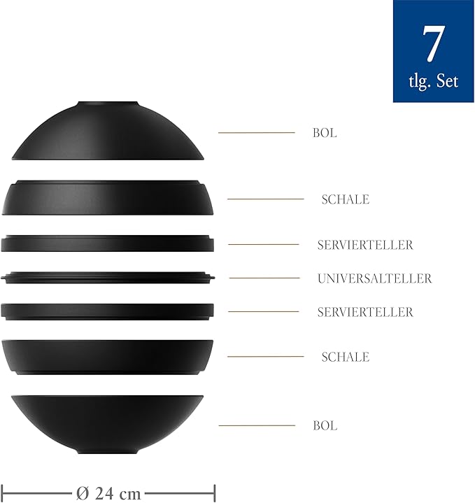 Villeroy & Boch Iconic Collection La Boule, 7-Piece Dinnerware Set for 2, Premium Porcelain, Made in Germany, Dishwasher Safe, 9.5 x 9 in, Black