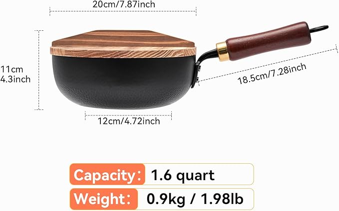 WANGYUANJI 8 Inch Hammered Iron Stir Fry Pan for 1–2 Servings, Removable Beechwood Handle, Traditional Small Wok for Searing, Sautéing, Stir-Frying – Non-Coated, Stovetop Compatible