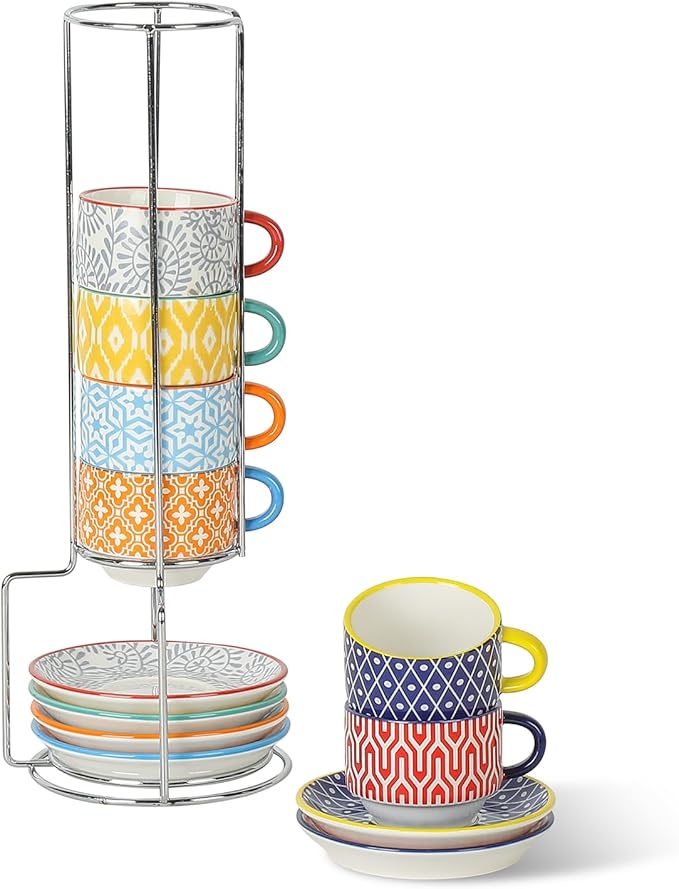Selamica Ceramic Espresso Cups with Saucers, 2.5 OZ Stackable Demitasse Cups with Metal Stand, Mini Espresso Mugs for Latte Coffee Café Mocha Tea, Set of 6, Assorted Colors