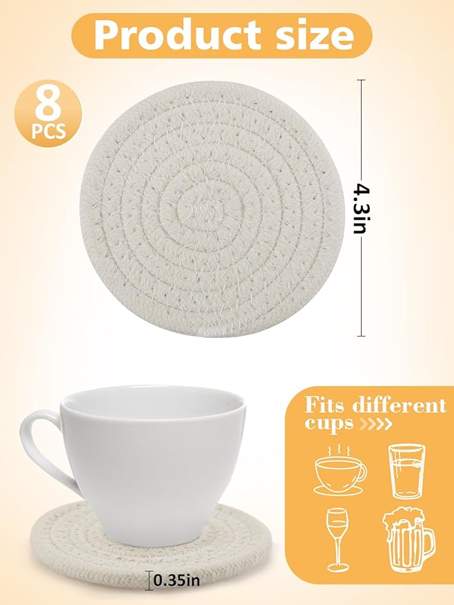 Handmade Woven Drink Coasters, 8 Pcs Boho Absorbent Coasters for Home Decor, Cotton, for Farmhouse Table Kinds of Cups New House Gift(4.3in, White)