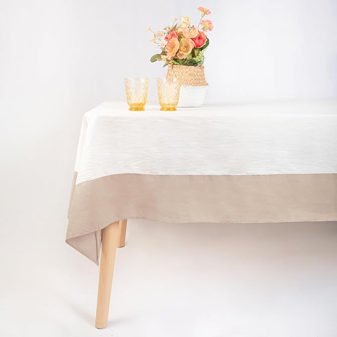 MONDAY MOOSE Farmhouse Rustic Picnic Style Decoration Rectangle Natural Stonewashed Cotton Tablecloth for Kitchen, Dining Room, Restaurant (60x86 inch, White/Beige)