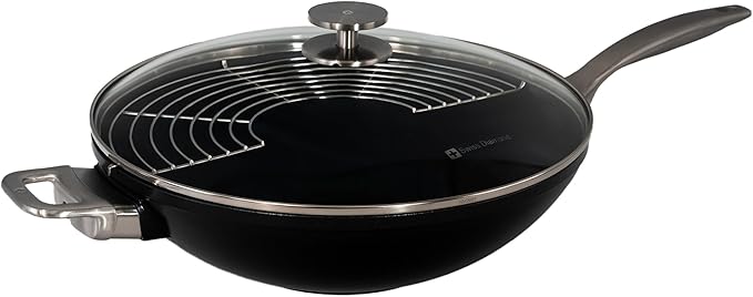 Swiss Diamond Nonstick Hybrid Ceramic and Diamond-Infused Wok With Glass Lid & Tempura Rack, Dou Ceramic, Dishwasher & Oven Safe Up To 500 °F, 12.5-Inches