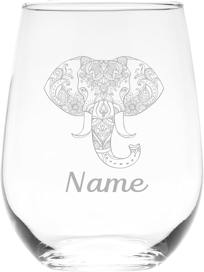 C M Elephant with Name Personalized Stemless Wine Glass - Custom Elephant Themed Gift for Women and Men - 17 oz.