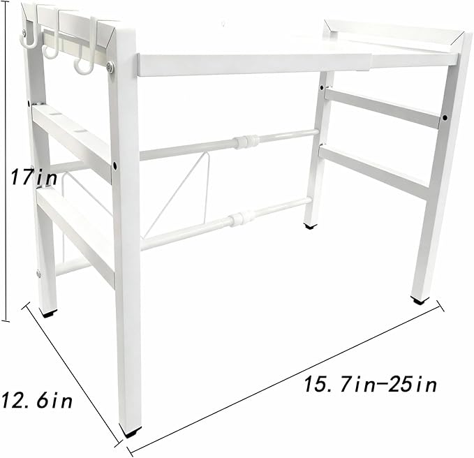 Microwave Oven Rack, Microwave Shelf Expandable Microwave Stand Countertop Kitchen Utensils, Bakers Rack, Carbon Steel Over Microwave Shelf Countertop with 6 Hooks (White, 2 Tier)