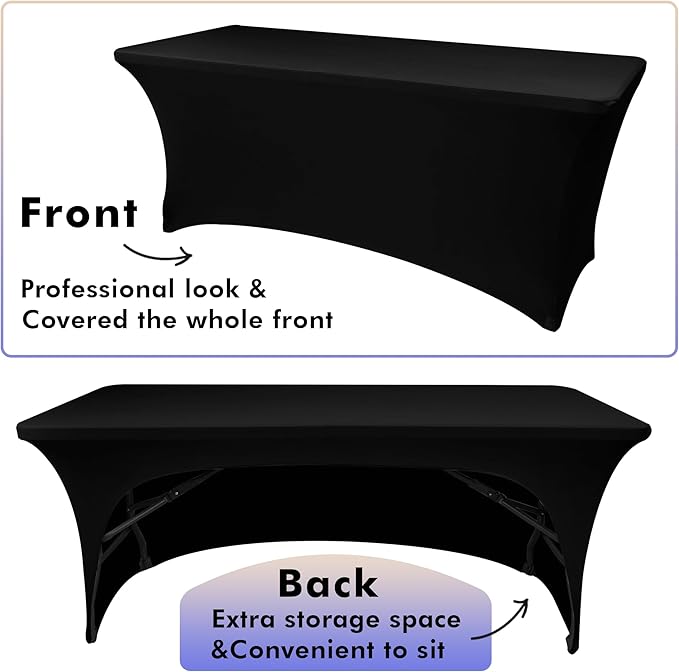 Nasitos 4 Pack 4FT Fitted Table Cloth for Rectangle Tables-Open Back Stretch Black Table Covers, Spandex Table Clothes Washable for Party, Craft Show, Wedding, Festival, Banquet, Vendor Booth