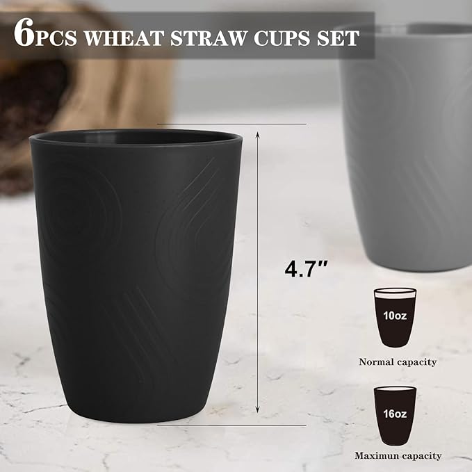 Homienly Premium Wheat Straw Cups Set of 6, Reusable 16oz Water Glasses Lightweight and Unbreakable Drinking Cups,Alternative Plastic Cup Dishwasher Safe Cups for Home and Outdoor - GreyStone