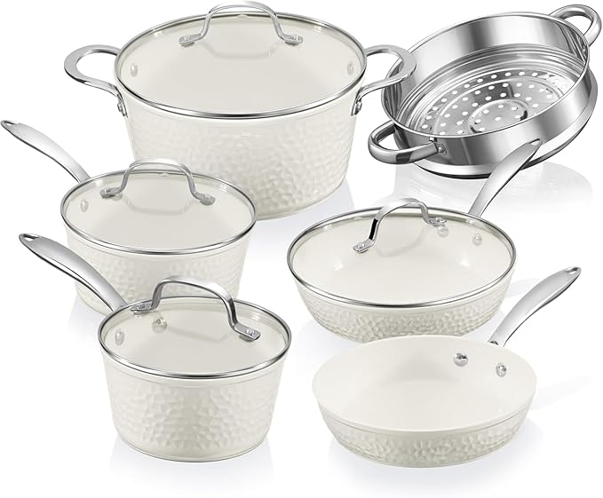 Gotham Steel Hammered 15 Pc Ceramic Cookware Set Nonstick, Pots and Pans Set Non Stick with Induction Cookware, Cooking Utensils & Steamer, Non Toxic PFOA PFOS Free, Oven & Dishwasher Safe