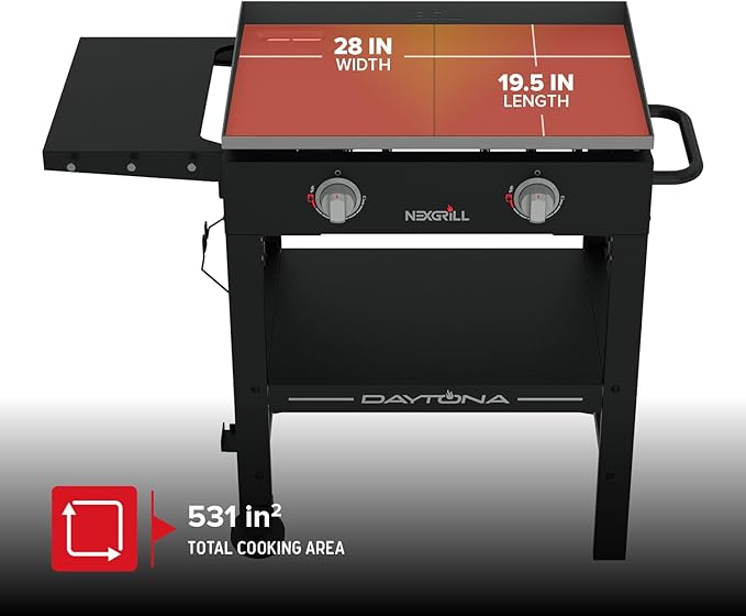 Nexgrill Daytona 2-Burner Propane Flat Top Grill – Portable Outdoor Griddle Gas Grill for Camping, Tailgating & Backyard Cooking – 34000 BTUs, 530 SQ. In. Grill for Burgers, BBQ & More - 720-1150