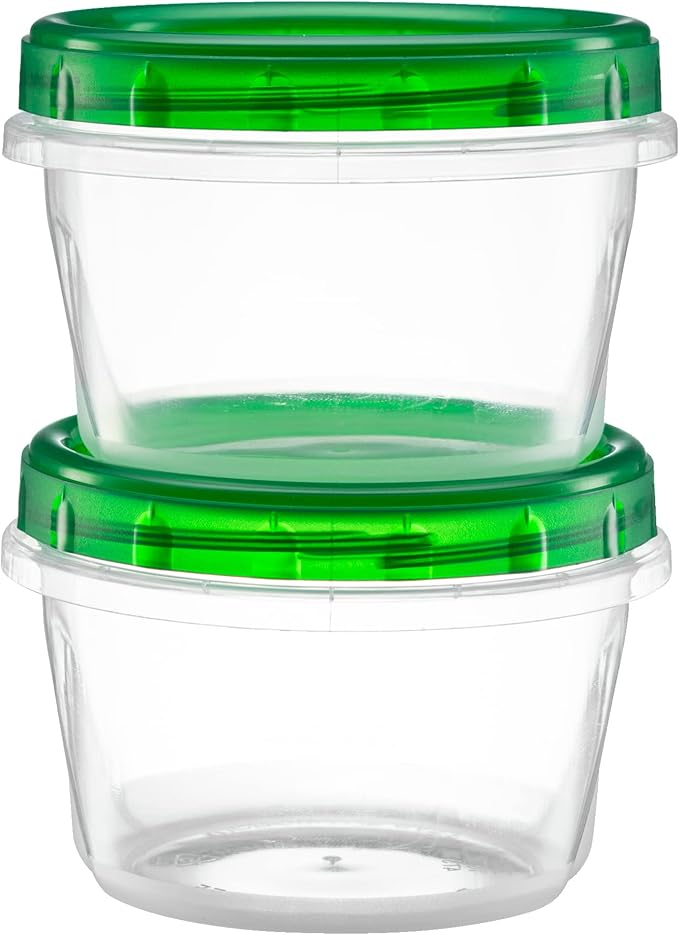 (16 Ounce 10 Pack) Twist cap Containers Clear Bottom With Green Top Screw on Twist Top Food Storage Freezer Containers