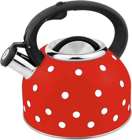 Red and White Polka Dot Tea Kettle, Cute Whistling 2.6 Quarts Tea Pot for Stove Top, Stainless Steel Teapot Stovetop with Cool Grip Ergonomic Handle Gas & Electric Stove Safe(2.5L)