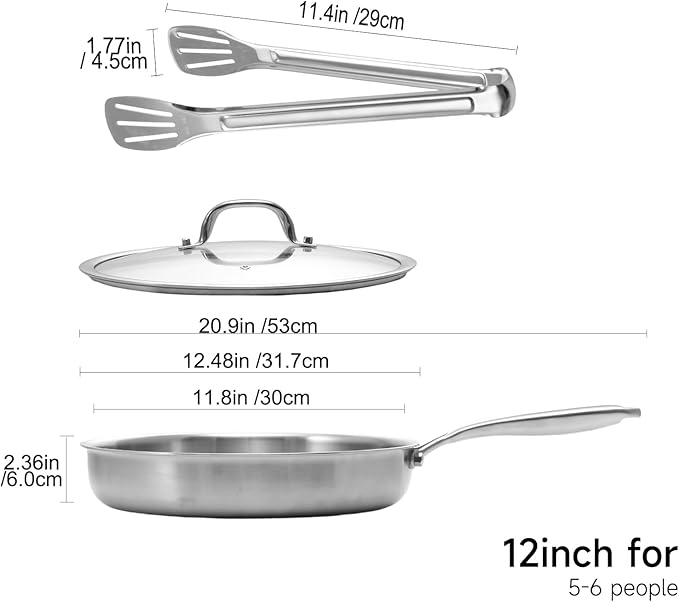 Tri-ply Stainless Steel Frying Pan 12 Inch with Lid Large Skillet for Chef's Cooking Pan Induction Oven Dishwasher Safe, Compatible with All Cooktops with Kitchen Tongs(Detachable Handle)