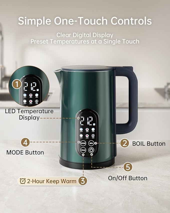 Electric Kettle with Temperature Control, 1.7L Stainless Steel Hot Water Kettle, 5 Presets for Tea & Coffee, 2H Keep Warm, Fast Boil, Auto Shut-Off & Boil-Dry Protection, Cordless Tea Kettle, Green