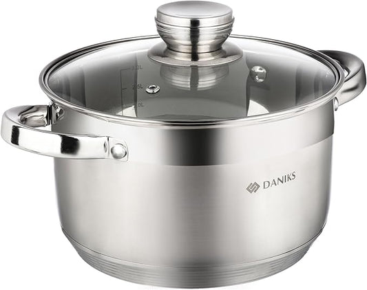 Daniks Standard 4 Quart Stainless Steel Stock Pot with Glass Lid, Tri-Ply Bottom for Even Heating, Induction Compatible, Dishwasher Safe, Built-In Measuring Scale, Silver