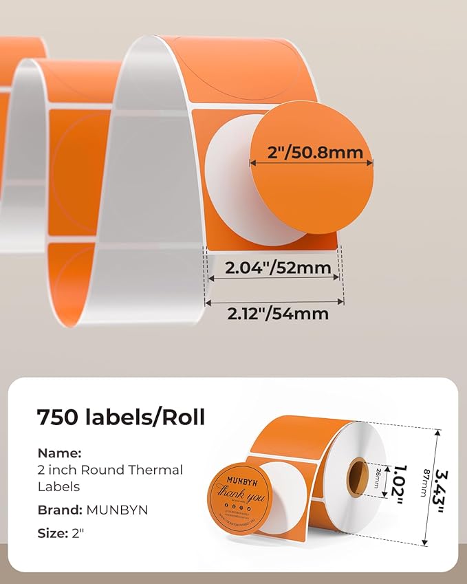 MUNBYN 2 Inch Orange Circle Thermal Labels, Multi-Purpose Self-Adhesive Round Thermal Printer Stickers for Business, 750 Sheets/1 Roll