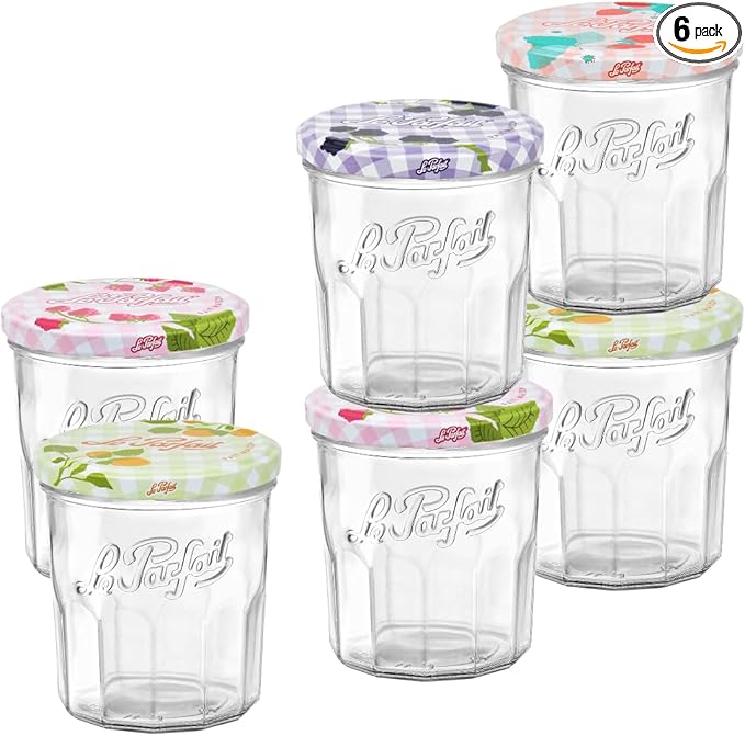 Le Parfait Jam Jars Clear Canning Jars w/Colorful Airtight Metal Lids | Sturdy French Faceted Non-Slip Glass Body | Works for Jam + Jelly Storage, Snacks, Picnic, DIY| 11oz (Pack of 6) 324ml