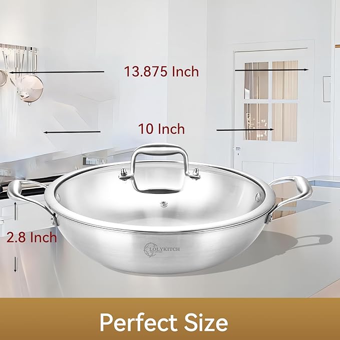 LOLYKITCH 10 Inch Tri-Ply Stainless Steel Wok Pan with Lid,2.5 QT Induction Cooking Pot,Dishwasher and Oven Safe