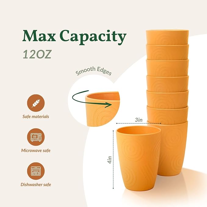Homienly Wheat Straw Cups Set 8 PCS, 12 OZ Reusable Plastic Cups Alternative, Unbreakable Drinking Glasses for Kitchen, Party, Gatherings, Dishwasher & Microwave Safe Cup Set for Water, Juice(Yellow)