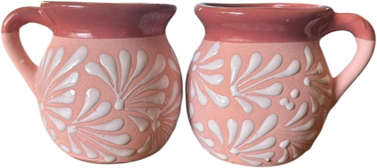 Set of 2 Mexican Pottery Mugs – Pink Terracotta Talavera Style Design, 12 oz Clay Tazas, Handmade Large Coffee Cups