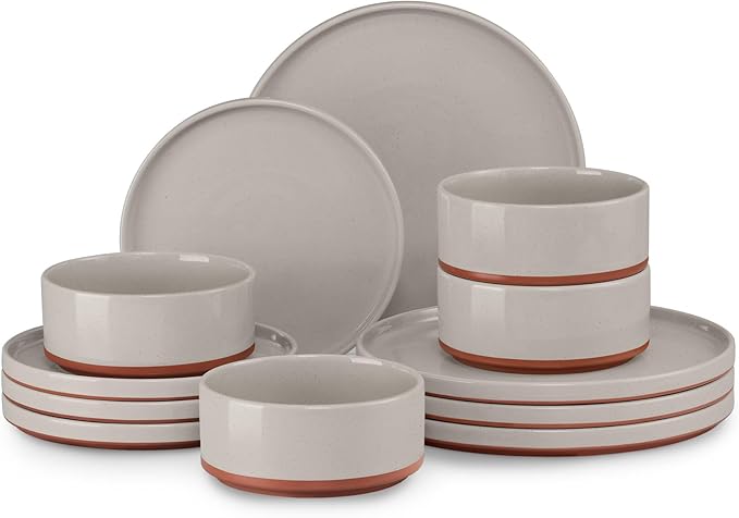 LIANYU Stoneware Dinnerware Sets Service for 4, 12 PCS Plates and Bowls Sets, Handmade Ceramic Dish Set, Highly Chip and Crack Resistant Modern Plate Set, Terra Brown