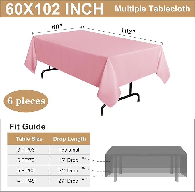 sancua 2 Pack Pink Tablecloth 60 x 102 Inch, Rectangle Table Cloth for 6 Feet Tables - Stain and Wrinkle Resistant Washable Polyester Table Cover for Dining Tables, Valentines Parties