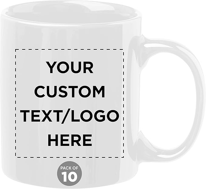 Custom Ceramic Coffee Mugs 11 oz. Set of 10, Personalized Bulk Pack - Coffee cup set, Iced coffee cup, Gaming mug - Creamy White