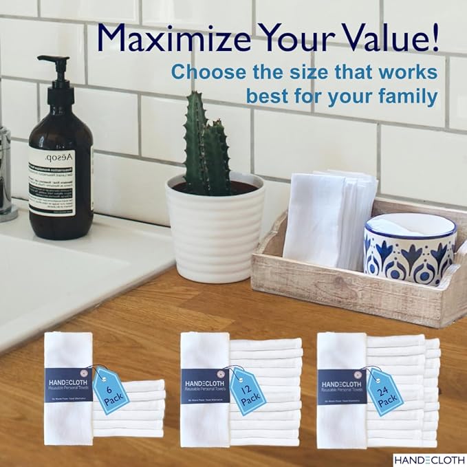 Reusable Cotton Paper Towel Alternative/Made in USA/Absorbent & Durable/Machine Washable/Small Bathroom Hand Towel/No Pilling/Birdseye Cloth/Zero-Waste Home/Plastic-Free/White (6 Pack)