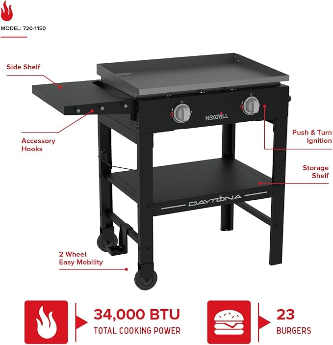 Nexgrill Daytona 2-Burner Propane Flat Top Grill – Portable Outdoor Griddle Gas Grill for Camping, Tailgating & Backyard Cooking – 34000 BTUs, 530 SQ. In. Grill for Burgers, BBQ & More - 720-1150