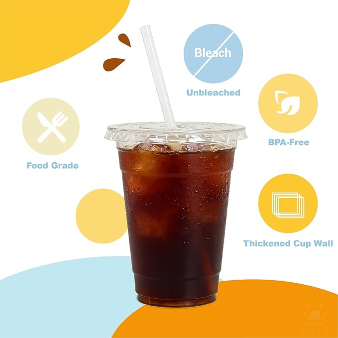 16 oz 100 Pack Disposable Clear Plastic Cups with Lids and Straws, Food Safe Bulk Iced Coffee Cups for Smoothies, Milkshakes and Other Cold Drinks