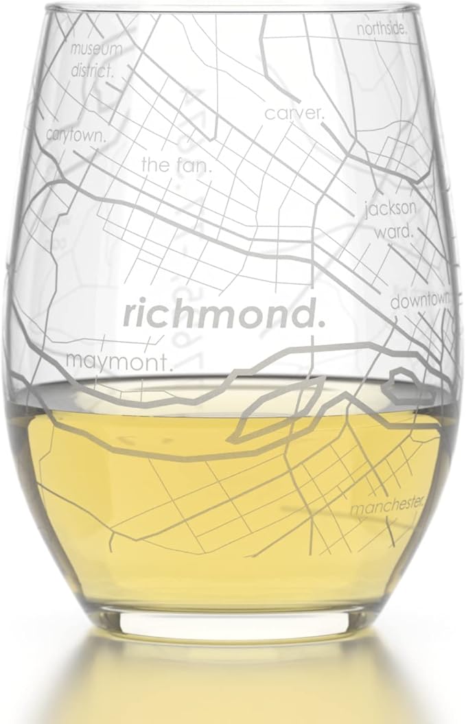 Well Told Engraved Richmond Virginia Map Stemless Wine Glass, Etched Glass (15 oz, Clear) City Custom Gifts for Lovers