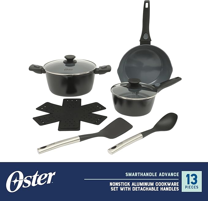 Oster SmartHandle Advance 13-Piece Ceramic Nonstick Cookware Set – Matte Black Finish, Gray Interior, Induction Base, Detachable Handles, Oven & Dishwasher Safe, With Utensils & Pan Protectors