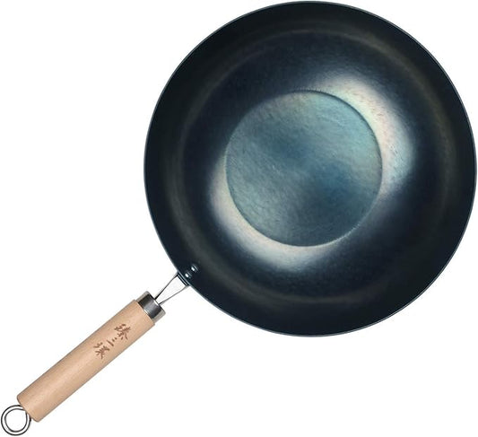臻三环 ZhenSanHuan HandHammered Iron Wok Flat Bottom Induction Suitable (32CM Wood Handle)
