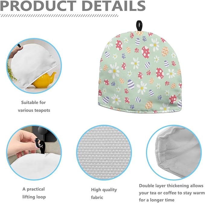 Tea Cozy for Teapots with Handle, Easter Eggs Paw & Daisy Print Dust Insulated Cover, Hanging Fold-Up Design, Suitable for Kitchen and Living Room Table Decoration
