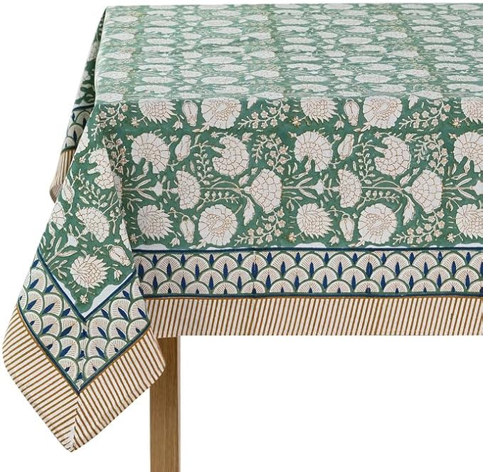 Ridhi Hand Block Print Turquoise Moss Green Rectangle Cotton Tablecloth 118" x 70" Reusable Table Cover Decorative Everyday Use for Dining, Farmhouse, Home Gift for Spring, Easter, Valentine