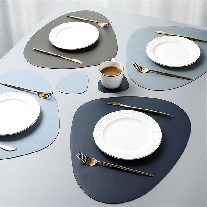 Placemat Table Mat Tableware Pad PU Leather Waterproof Heat Insulation Non-Slip Placemat Soft Black Brown Washable Bowl Coaster(Light Blue)