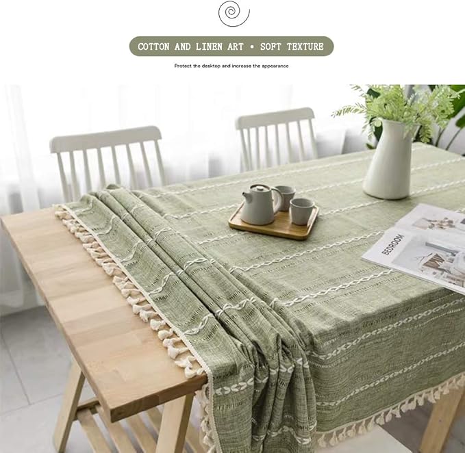 Pahajim Linen Tablecloth Rustic Rectangle Table Cloth Cotton Striped Tassels Tablecloths for Kitchen Dining Table Cover Rectangle/Oblong,55''x87'', 6-8 Seats