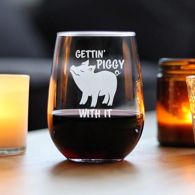 Bevvee Gettin' Piggy With It - Stemless Wine Glass - Pig Decor Gifts for Lovers of Swine and Wine - Large 17 Ounce