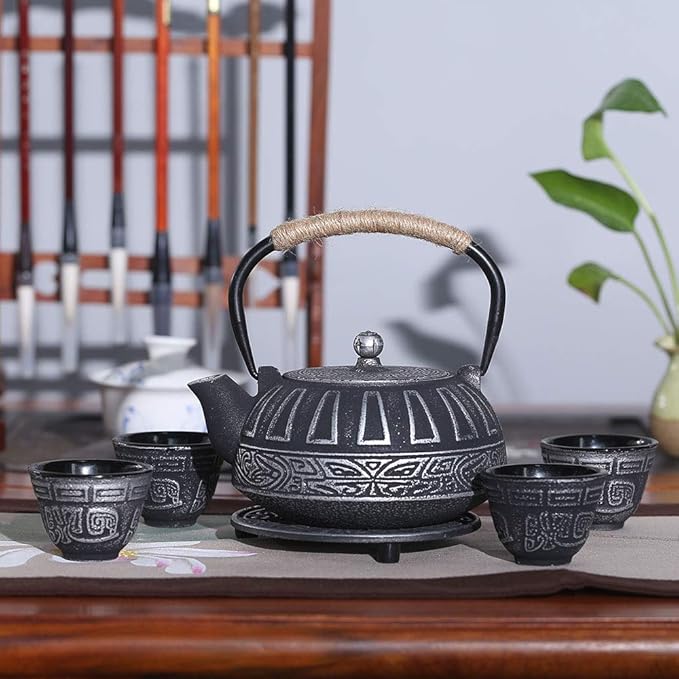 Cast Iron Teapot Set Japanese Style Tea Kettle with Infuser, Enameled Interior Cast Iron Tea Pot with 4 Teacup for Stove Top, Handmade Gift for Friend (28 Ounce, Black)
