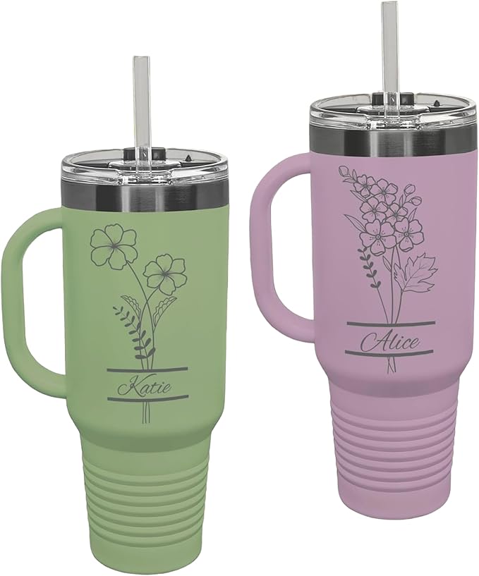 Perzonalized 40 oz Tumbler with Handle, Birth Flower Engraving – Fits Most Cup Holders, Dishwasher Safe, BPA-Free Lid & Straw – Powder-Coated Stainless Steel – Personalized Gift for Her