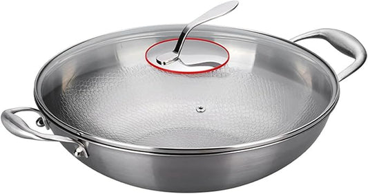 12.6 Inch Titanium Hammered Wok with Double Handles, Frying Pans Nonstick, Non-Stick Wok, Scratch-Resistant Non Stick Titanium Pans for Cooking,with lid 12.6in