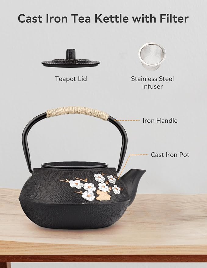 Japanese Cast Iron Teapot, Cast Iron Tea Kettle with Infuser, Plum Blossom Cast Iron Tea Pot for Stovetop Safe Coated with Enameled Interior 27.05oz/800ml