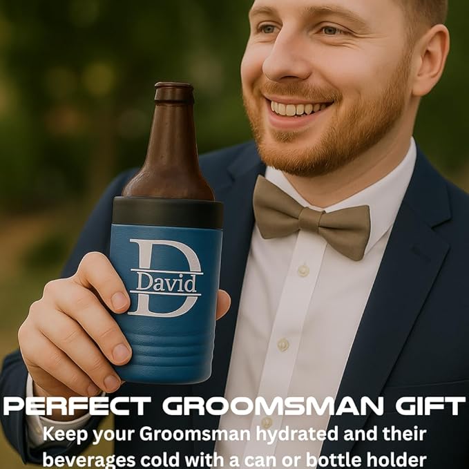 Personalized Groomsmen Insulated Can Cooler Set - Custom Groomsmen Gifts - Personalized Wedding Can Cooler - Beer Can Holder Wedding Favors - Stainless Steel Double Wall Vacuum Insulated Can Holder