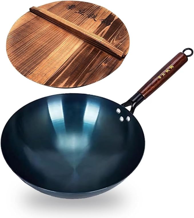 13 Inch Chinese Hand Hammered Iron Wok and Stir Fry Pans with Wooden Handle and Lid Round Bottom Wok Pan Non-stick No Coating Ideal for Home Use and Gift Giving
