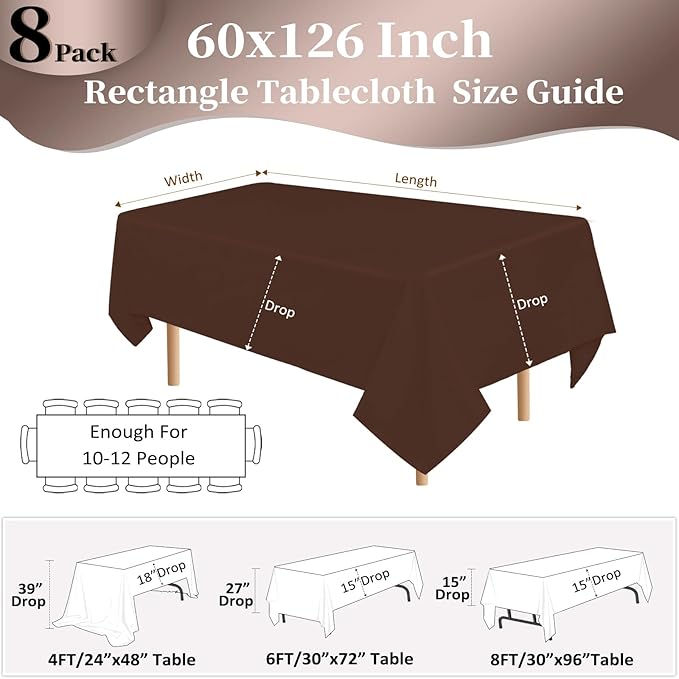 8 Pack Brown Tablecloth 60x126 Inch Rectangle Table Cloth for 8 Foot Rectangle Tables, Wrinkle Resistant Washable Polyester Fabric Rectangular Table Cover for Dining Banquet Wedding Party