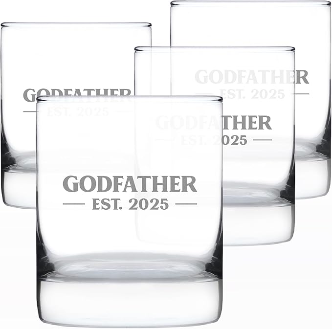 Bevvee Godfather Est 2025 - New Godfather Whiskey Rocks Glass Proposal Gift for First Time Godparents - Set of 4 - Bold 10.25 Oz Glasses