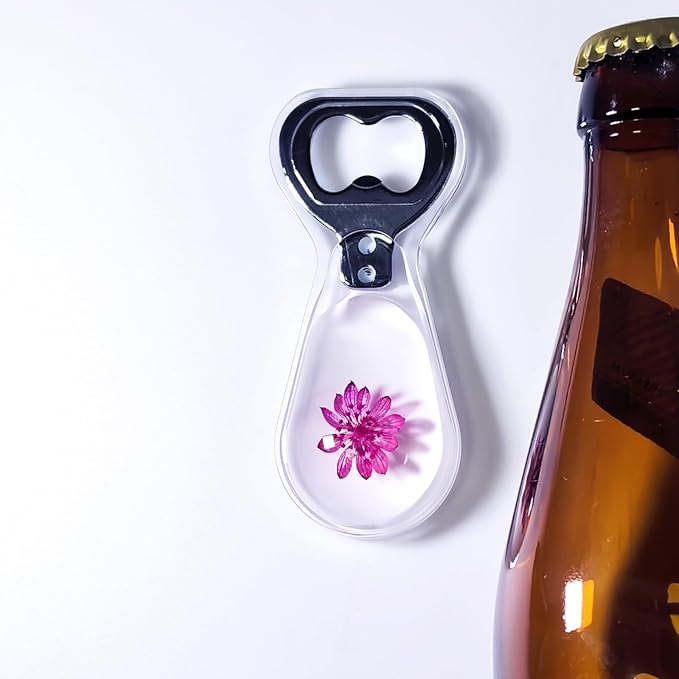 Resin Art Bottle Opener – Real Astrantia Flower, Clear Grey, 1 PCS, Feminine Gift for Women, Floral Lucky Charm, Decorative Resin Bar Tool