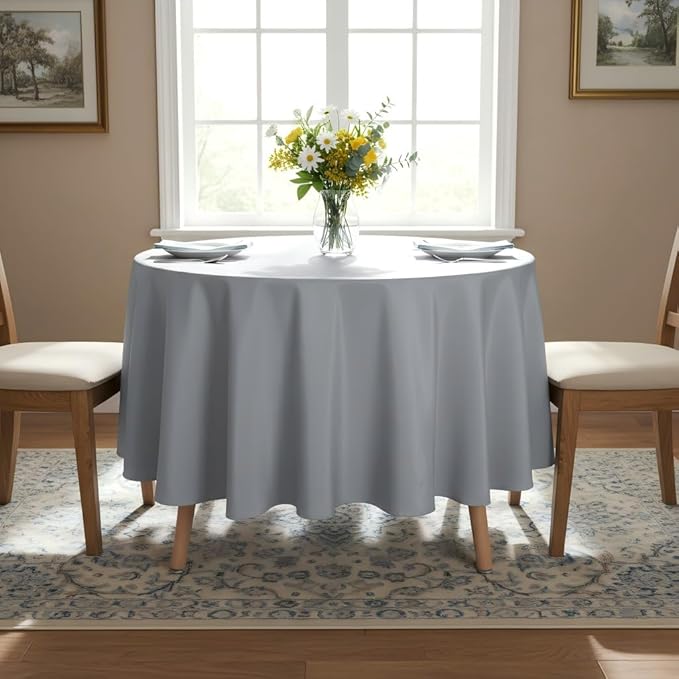 sancua Round Tablecloth - 90 Inch - Water Resistant Spill Proof Washable Polyester Table Cloth Decorative Fabric Table Cover for Dining Tables, Buffet Parties and Camping, Silver Grey
