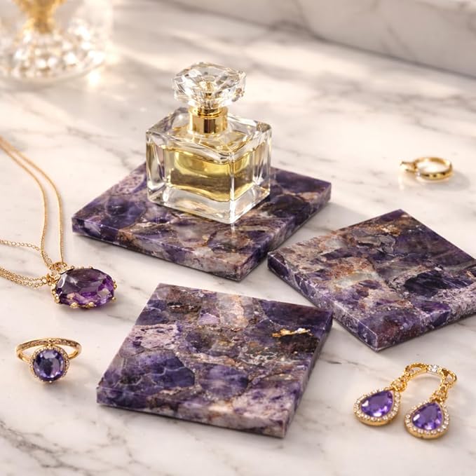 Set of 4 Luxury Natural Amethyst Coasters Set – Handcrafted Stone Drink Coasters for Serveware, Wine Coasters, Bar Coasters, Coffee Table Decor, Housewarming Gift & Wedding Gift – Modern Home Decor